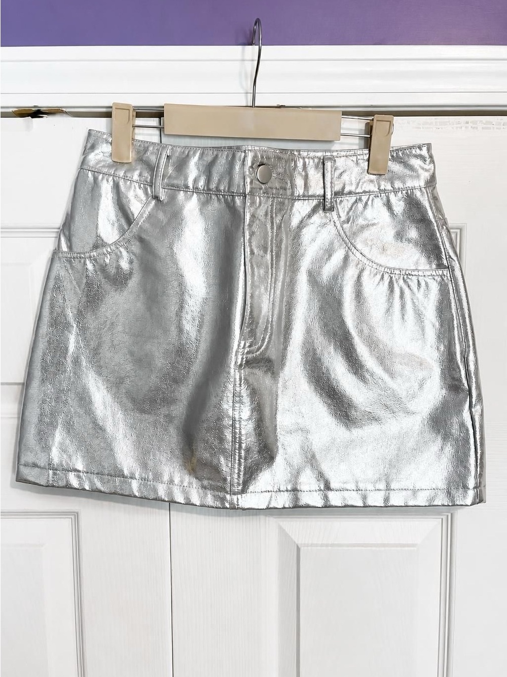 Silver Metallic Mini Skirt with Front Pockets - Women